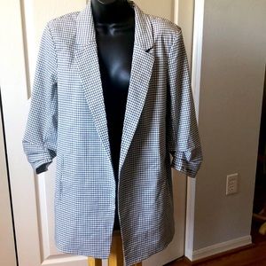 Rachel Zoe Checked Ruche Sleeve Open Blazer Sz L